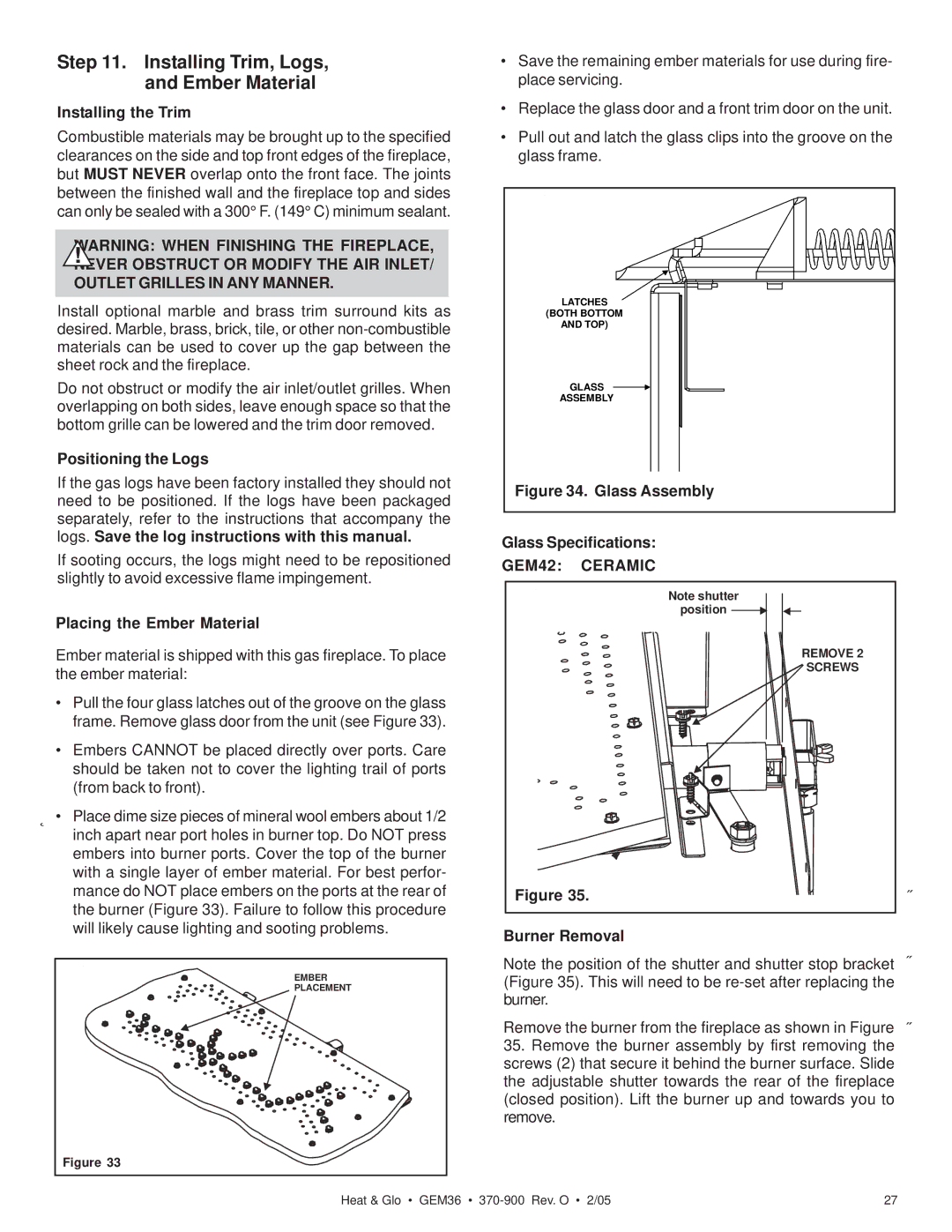 Heat & Glo LifeStyle GEM36 manual Installing Trim, Logs Ember Material, GEM42 Ceramic 