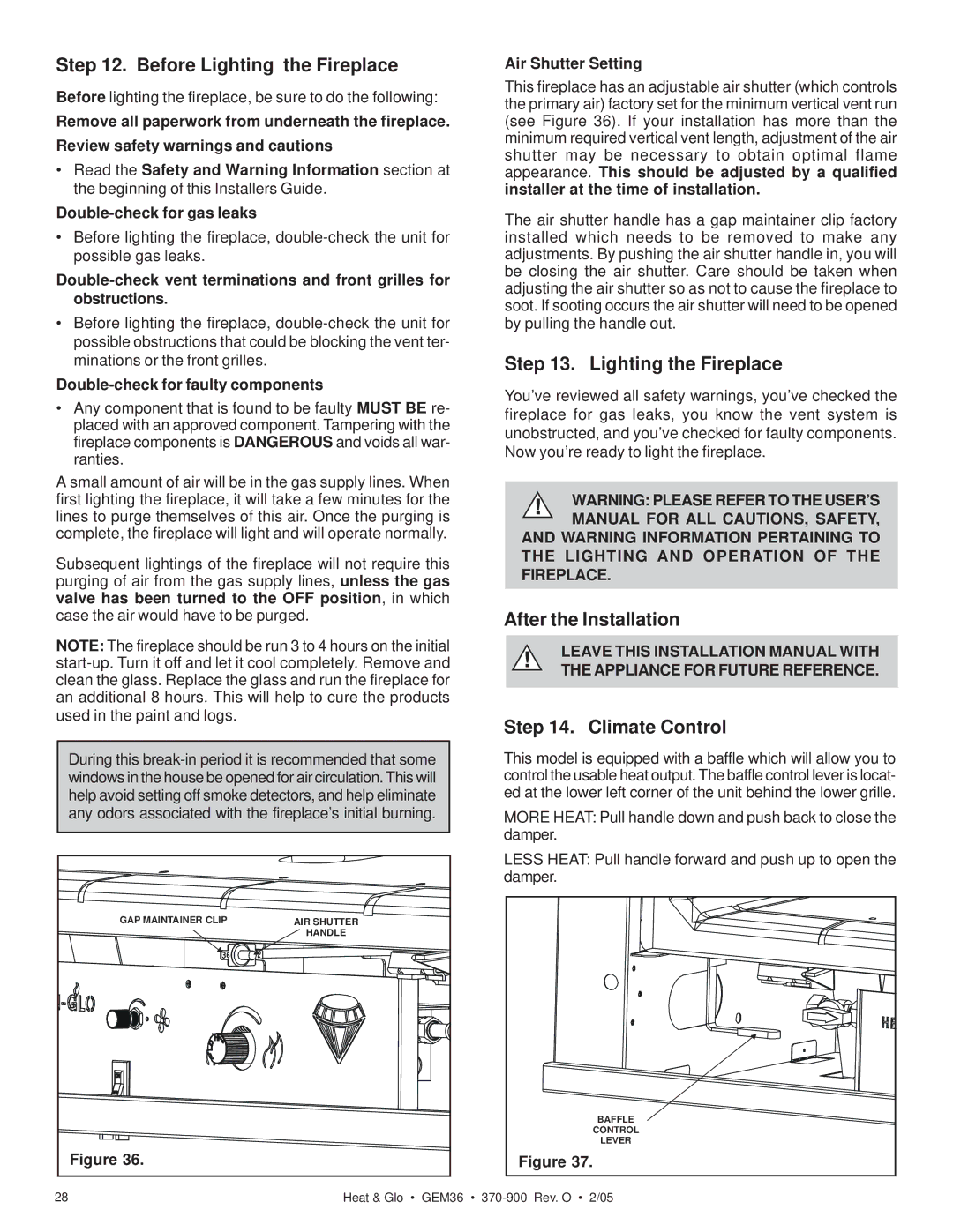 Heat & Glo LifeStyle GEM36 manual Before Lighting the Fireplace, After the Installation, Climate Control 