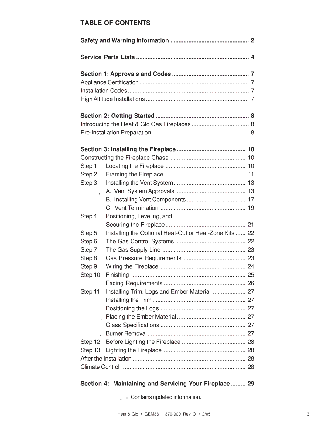 Heat & Glo LifeStyle GEM36 manual Table of Contents 