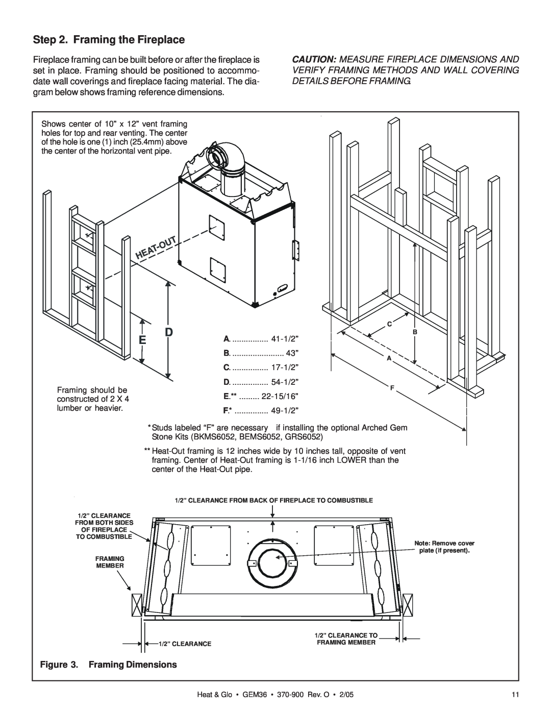 Heat & Glo LifeStyle GEM36 manual Framing the Fireplace, Framing Dimensions, 41-1/2”, 17-1/2”, 54-1/2”, 22-15/16”, 49-1/2” 