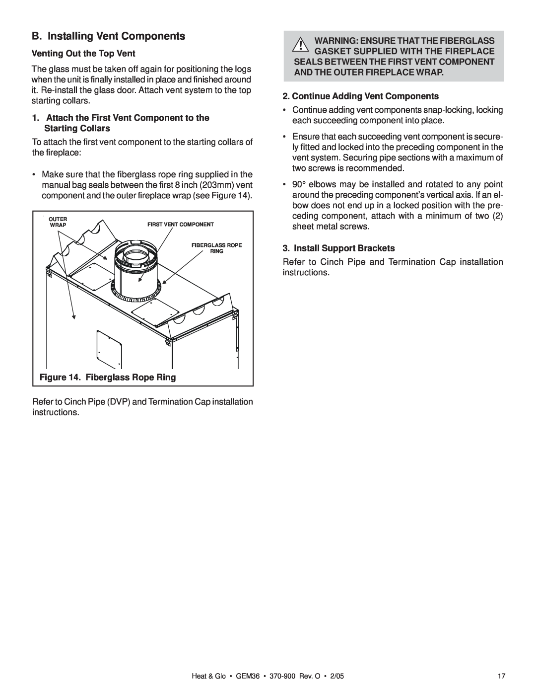 Heat & Glo LifeStyle GEM36 manual B. Installing Vent Components, Venting Out the Top Vent, Fiberglass Rope Ring 