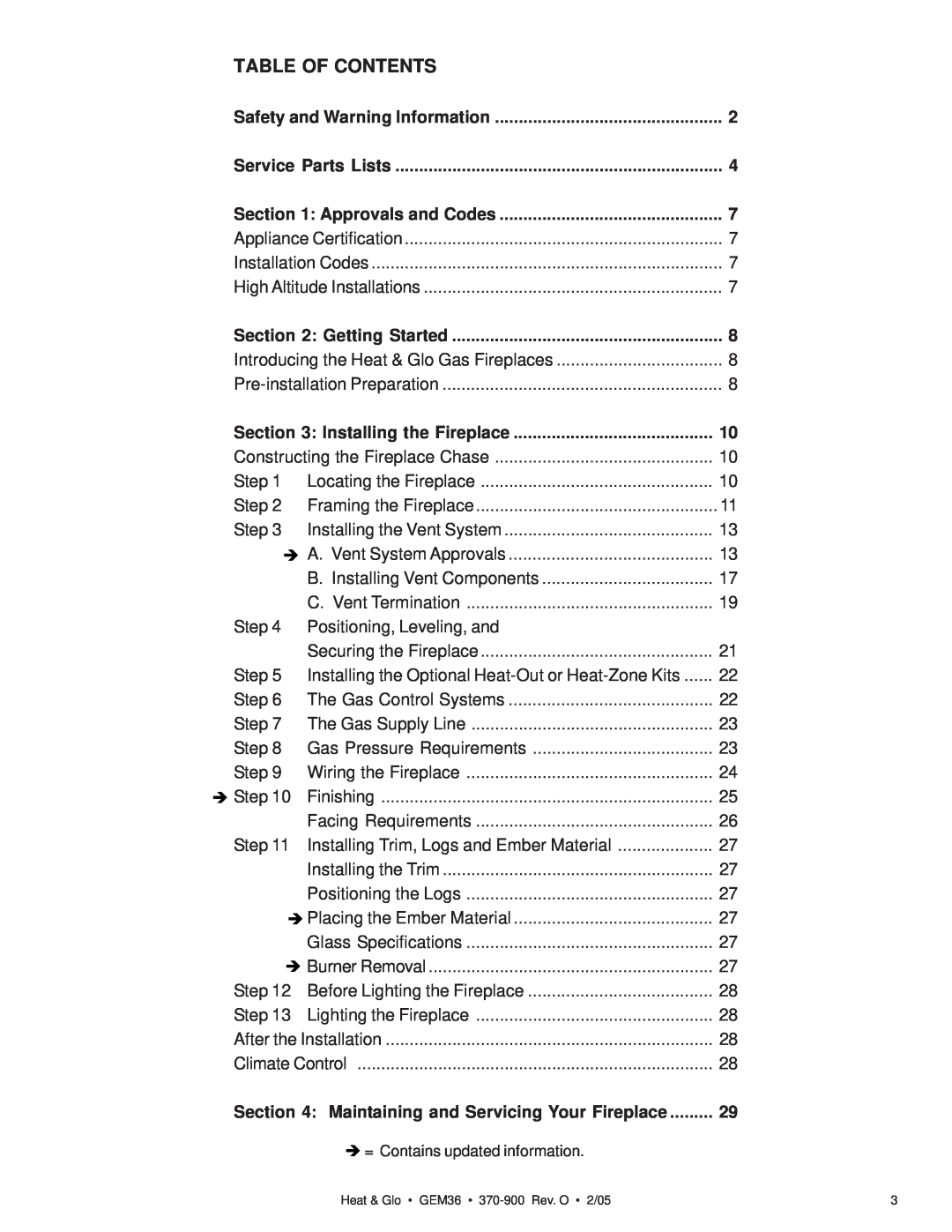 Heat & Glo LifeStyle GEM36 manual Table Of Contents 