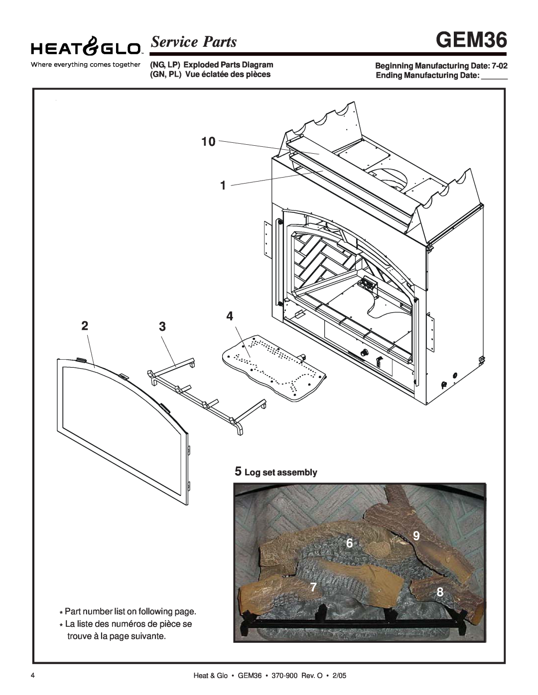 Heat & Glo LifeStyle GEM36 Service Parts, Log set assembly, NG, LP Exploded Parts Diagram, Beginning Manufacturing Date 