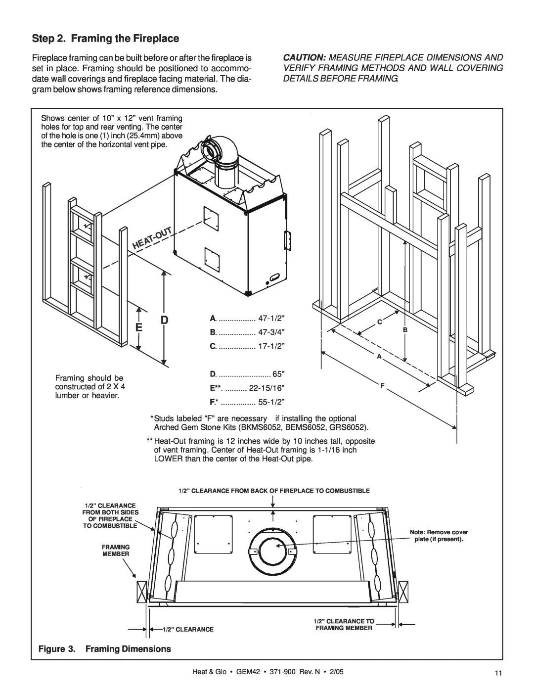Heat & Glo LifeStyle GEM42 manual Framing the Fireplace, Framing Dimensions, 47-1/2”, 47-3/4”, 17-1/2”, 22-15/16”, 55-1/2” 