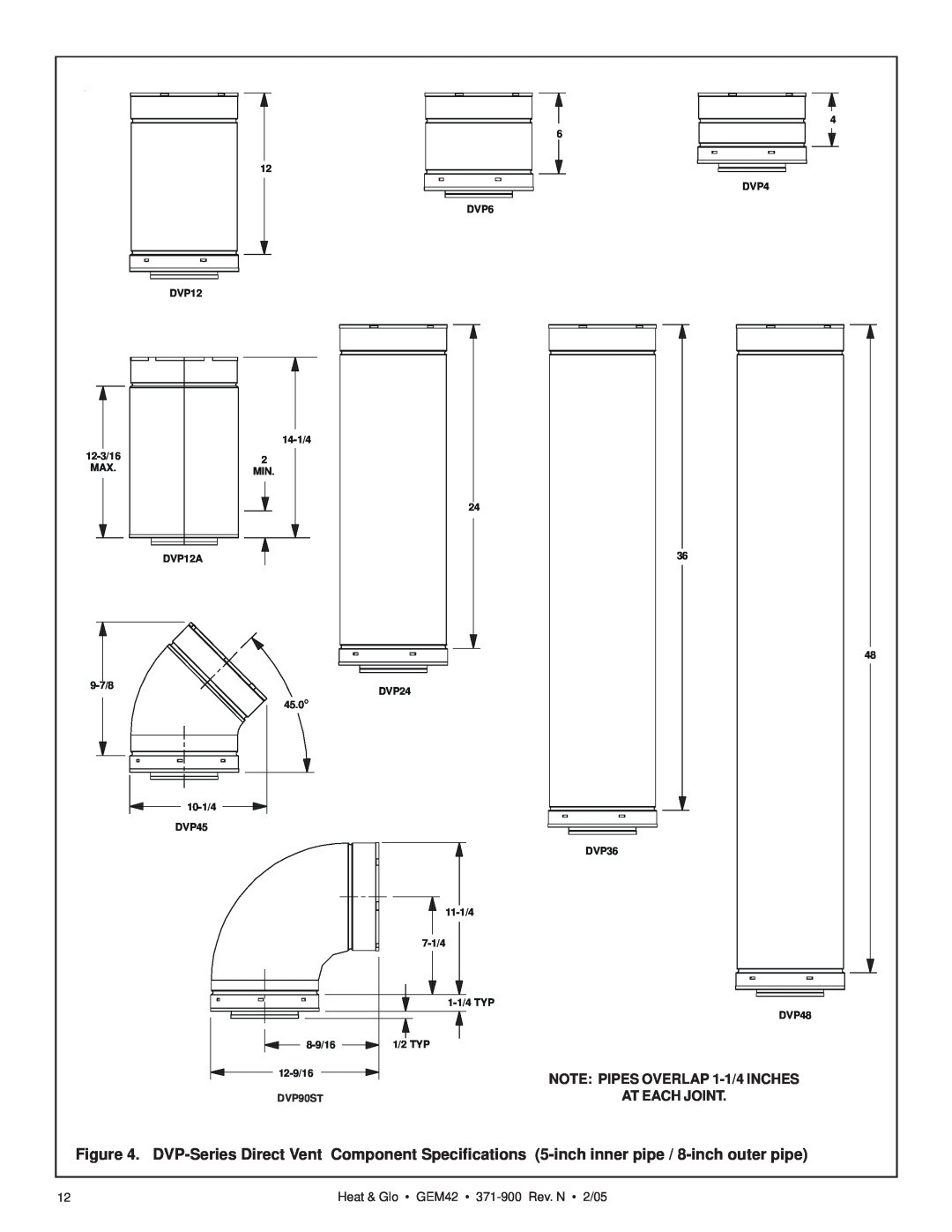 Heat & Glo LifeStyle manual NOTE PIPES OVERLAP 1-1/4 INCHES AT EACH JOINT, Heat & Glo GEM42 371-900 Rev. N 2/05, DVP90ST 