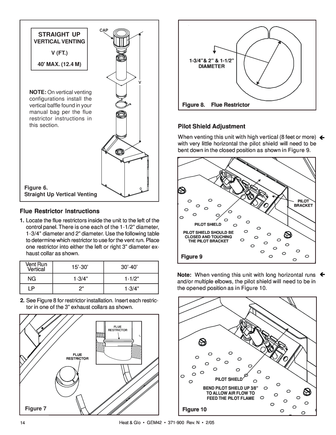 Heat & Glo LifeStyle GEM42 manual Straight Up, Flue Restrictor Instructions, Pilot Shield Adjustment 