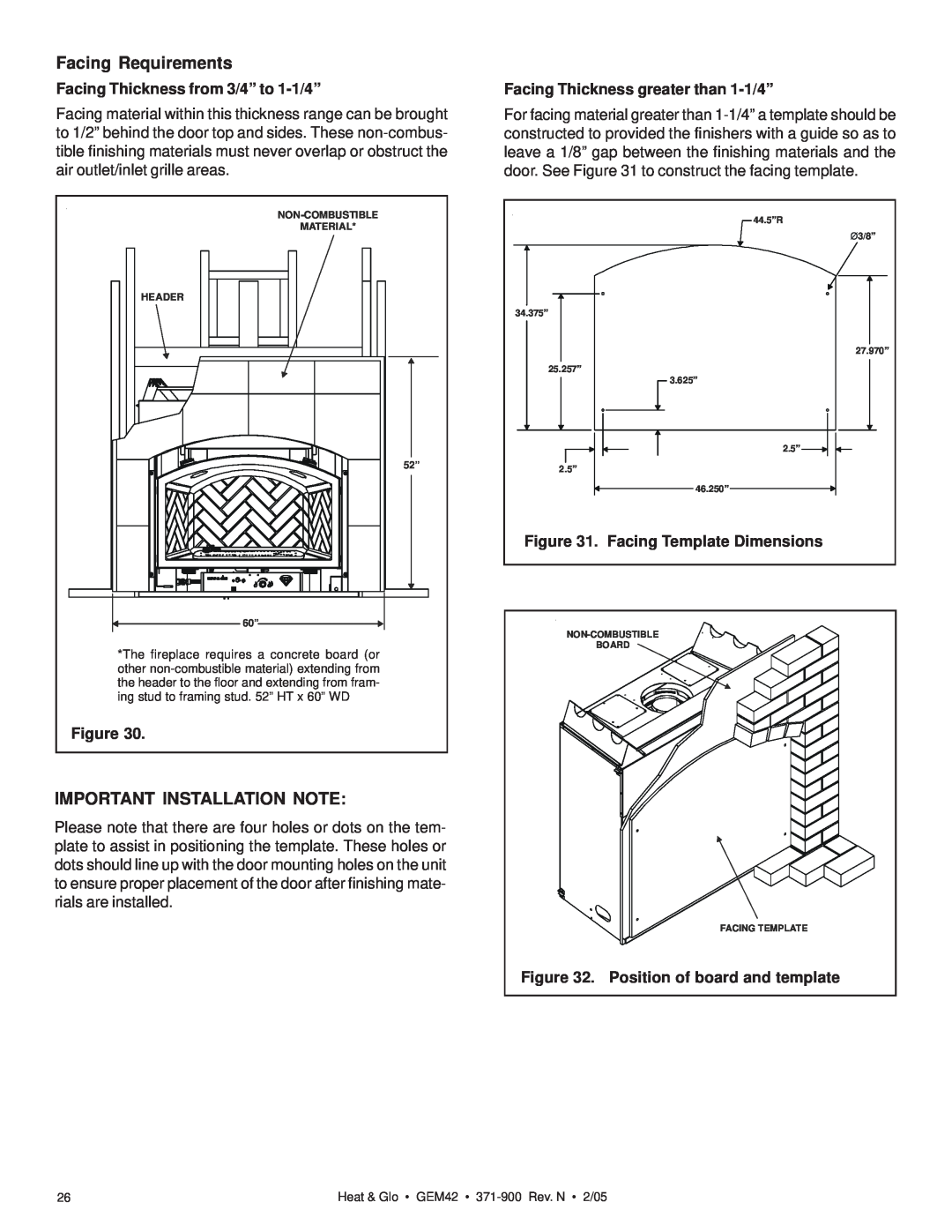 Heat & Glo LifeStyle GEM42 manual Facing Requirements, Important Installation Note, Facing Thickness from 3/4” to 1-1/4” 