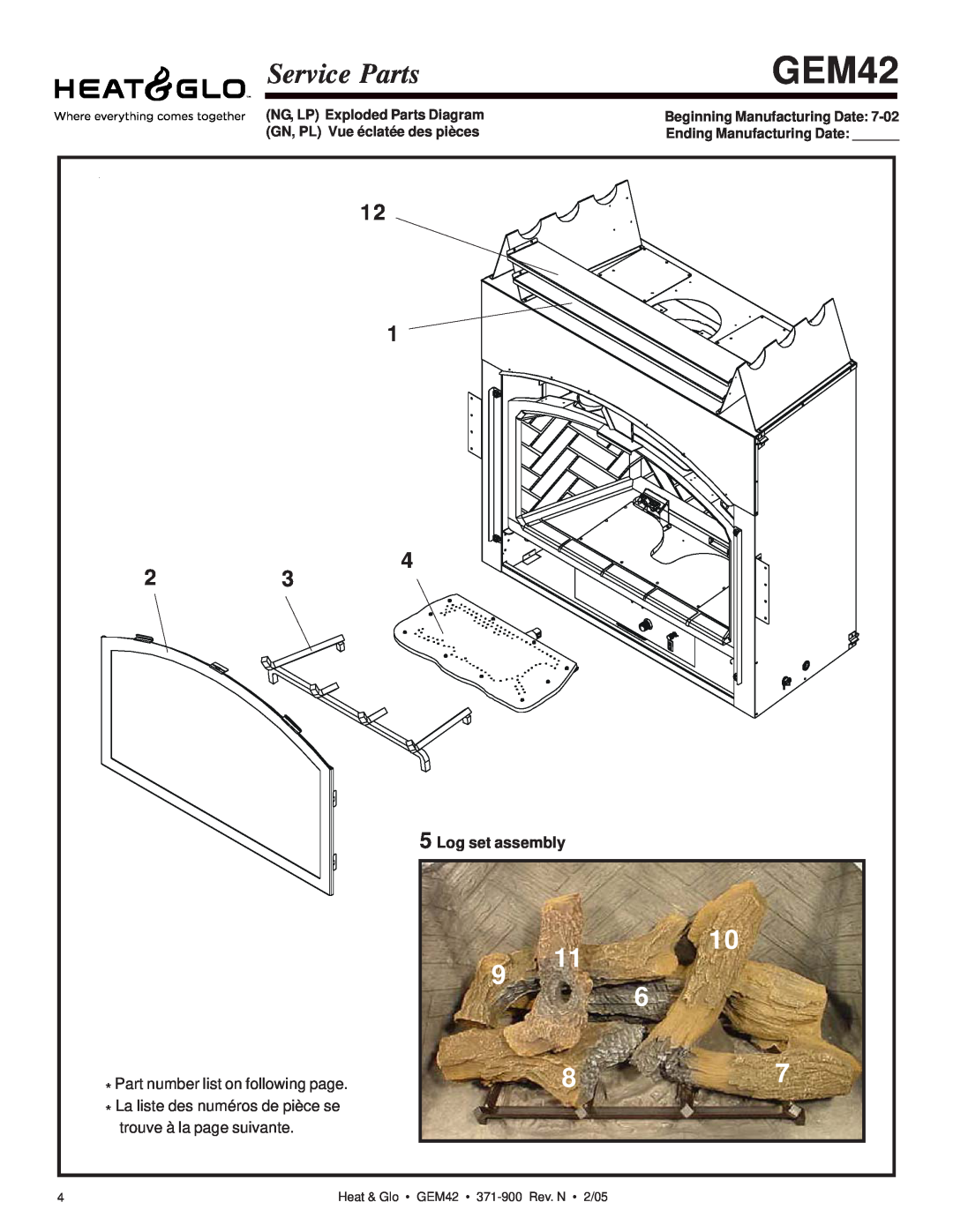 Heat & Glo LifeStyle GEM42 Service Parts, Log set assembly, NG, LP Exploded Parts Diagram, Beginning Manufacturing Date 