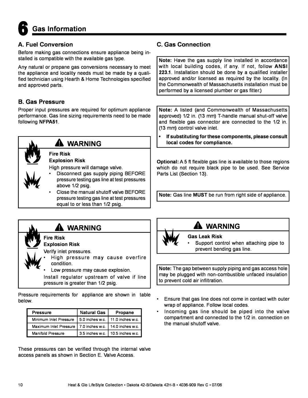 Heat & Glo LifeStyle Dakota 42-B Gas Information, A. Fuel Conversion, C. Gas Connection, B. Gas Pressure, Gas Leak Risk 