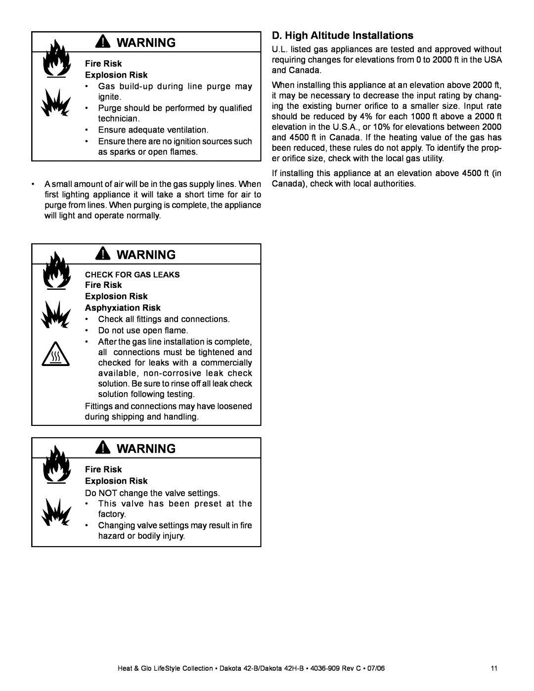 Heat & Glo LifeStyle Dakota 42H-B, Heat & Glo Gas Appliance D. High Altitude Installations, Fire Risk Explosion Risk 