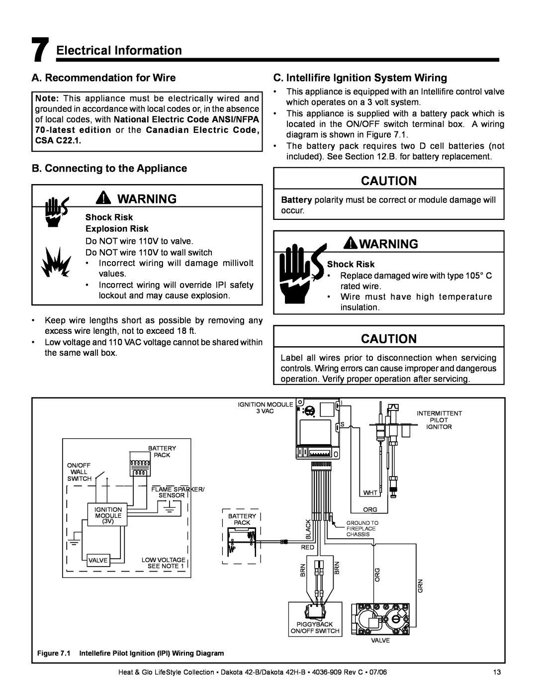 Heat & Glo LifeStyle Dakota 42-B Electrical Information, A. Recommendation for Wire, C. Intelliﬁre Ignition System Wiring 