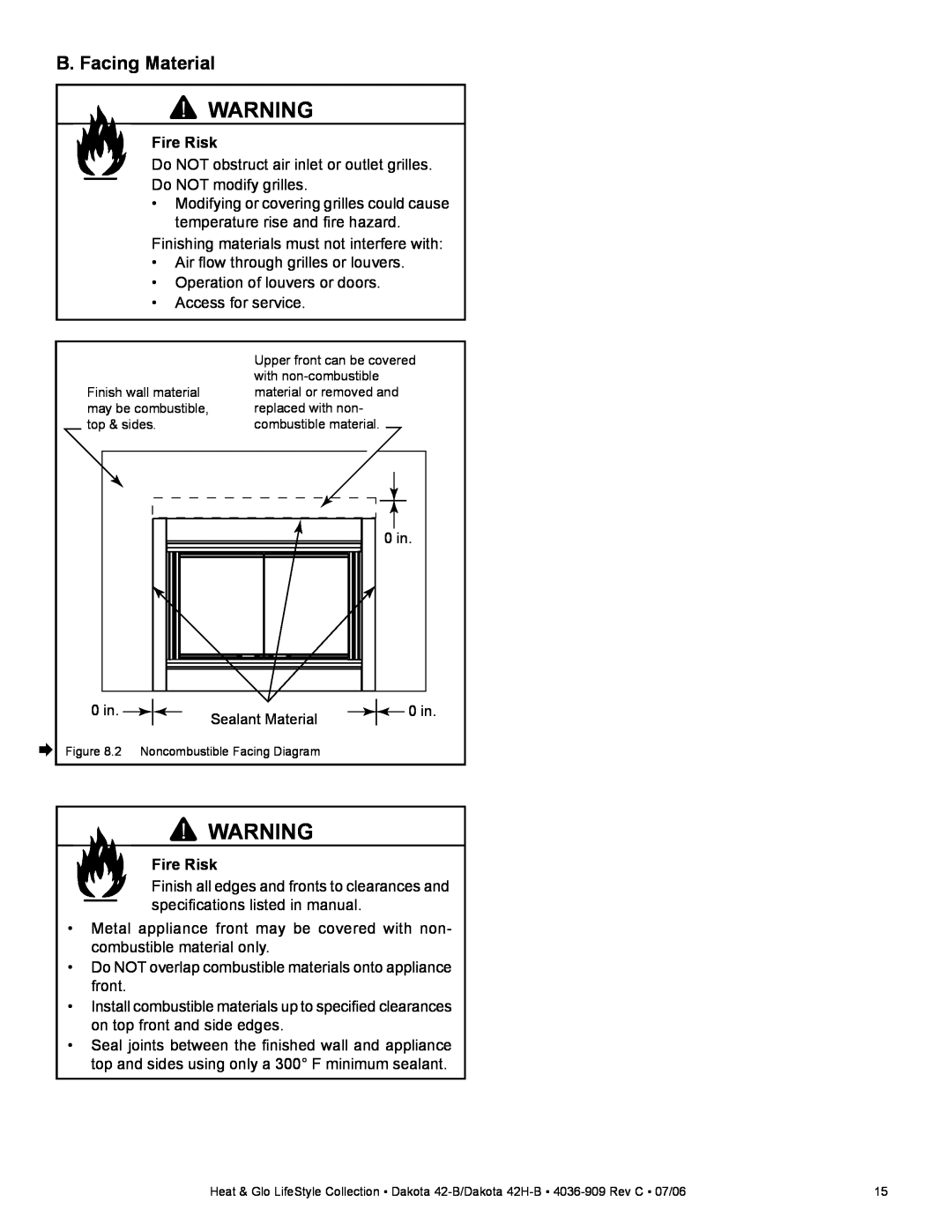 Heat & Glo LifeStyle Heat & Glo Gas Appliance, Dakota 42-B, Dakota 42H-B owner manual B. Facing Material, Fire Risk 