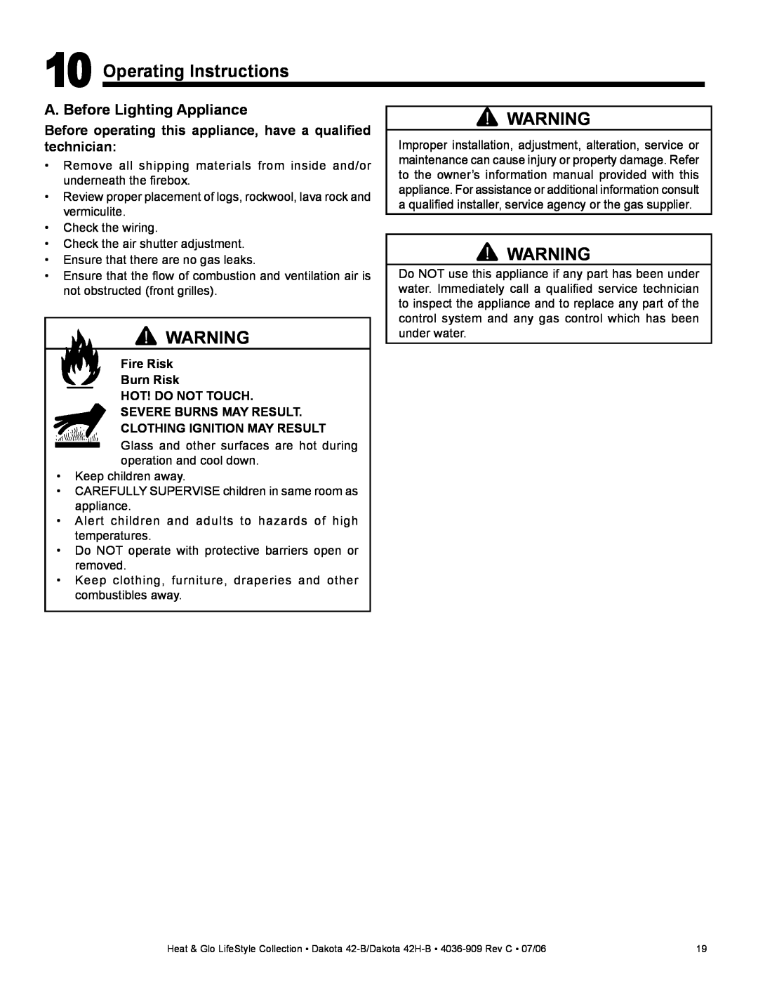 Heat & Glo LifeStyle Dakota 42-B owner manual Operating Instructions, A. Before Lighting Appliance, Severe Burns May Result 
