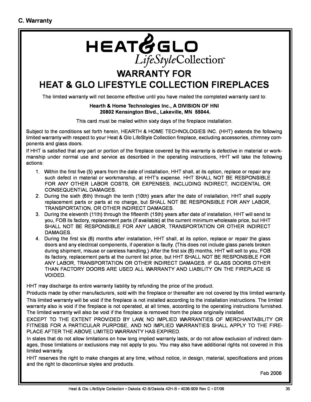 Heat & Glo LifeStyle Dakota 42H-B, Dakota 42-B C. Warranty, Warranty For, Heat & Glo Lifestyle Collection Fireplaces 
