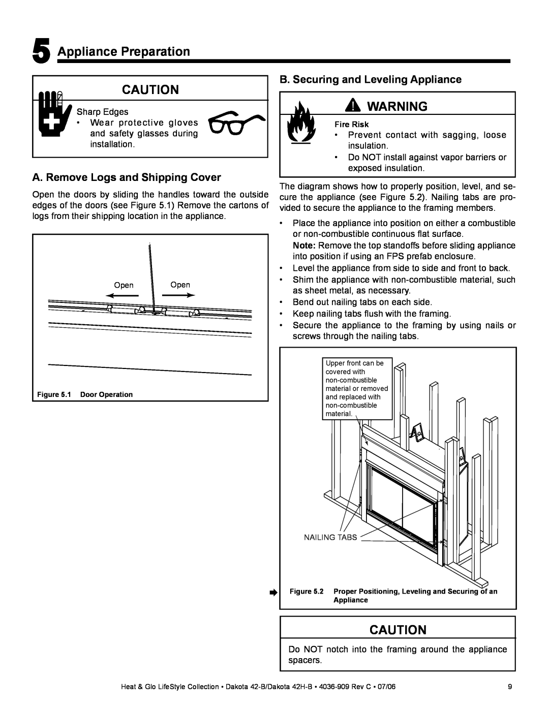 Heat & Glo LifeStyle Heat & Glo Gas Appliance, Dakota 42-B Appliance Preparation, B. Securing and Leveling Appliance 