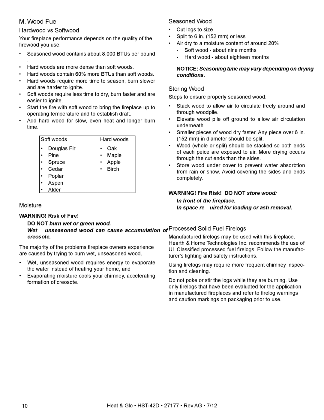 Heat & Glo LifeStyle HST-42D owner manual Wood Fuel 