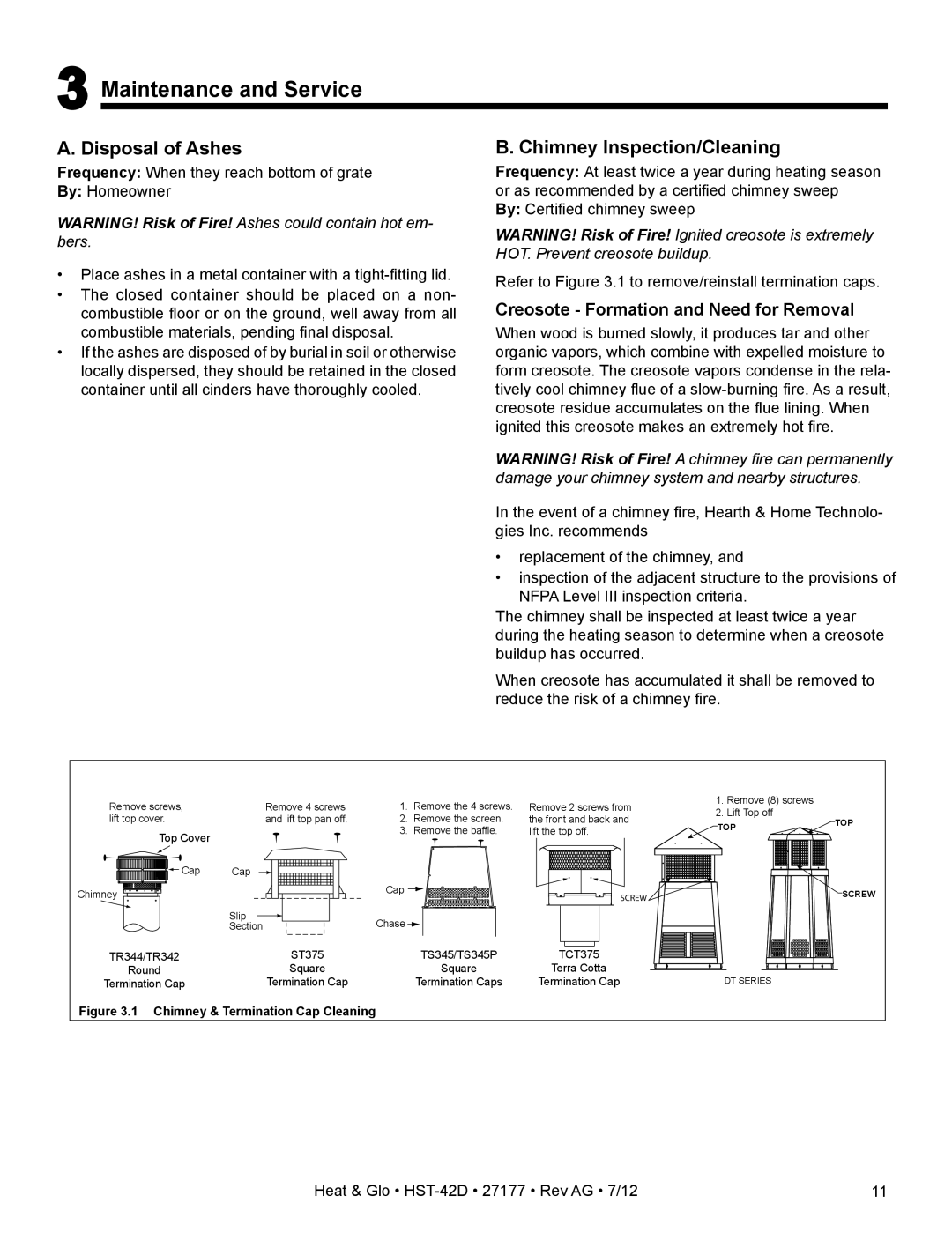 Heat & Glo LifeStyle HST-42D owner manual Maintenance and Service, Disposal of Ashes, Chimney Inspection/Cleaning 