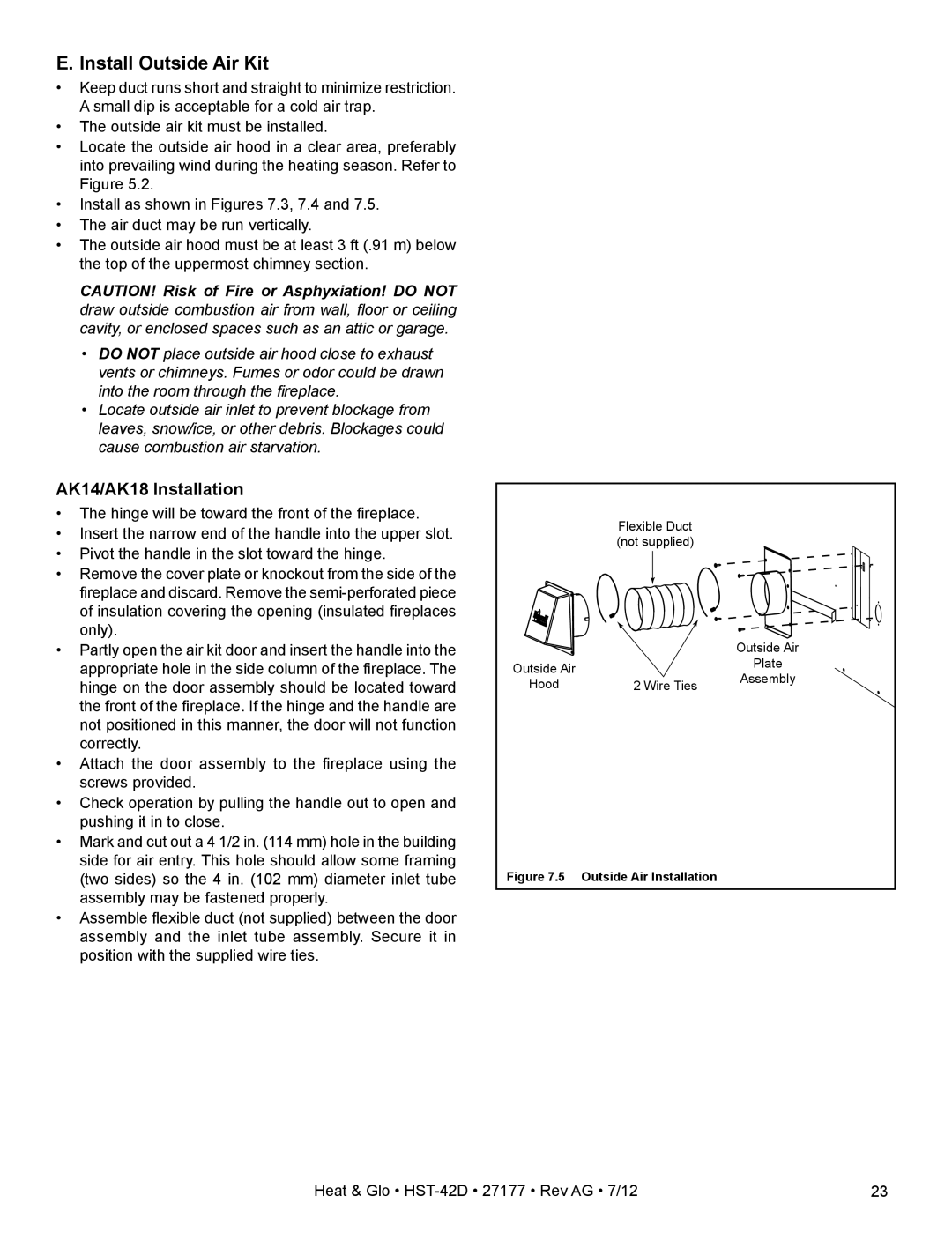 Heat & Glo LifeStyle HST-42D owner manual Install Outside Air Kit, AK14/AK18 Installation 