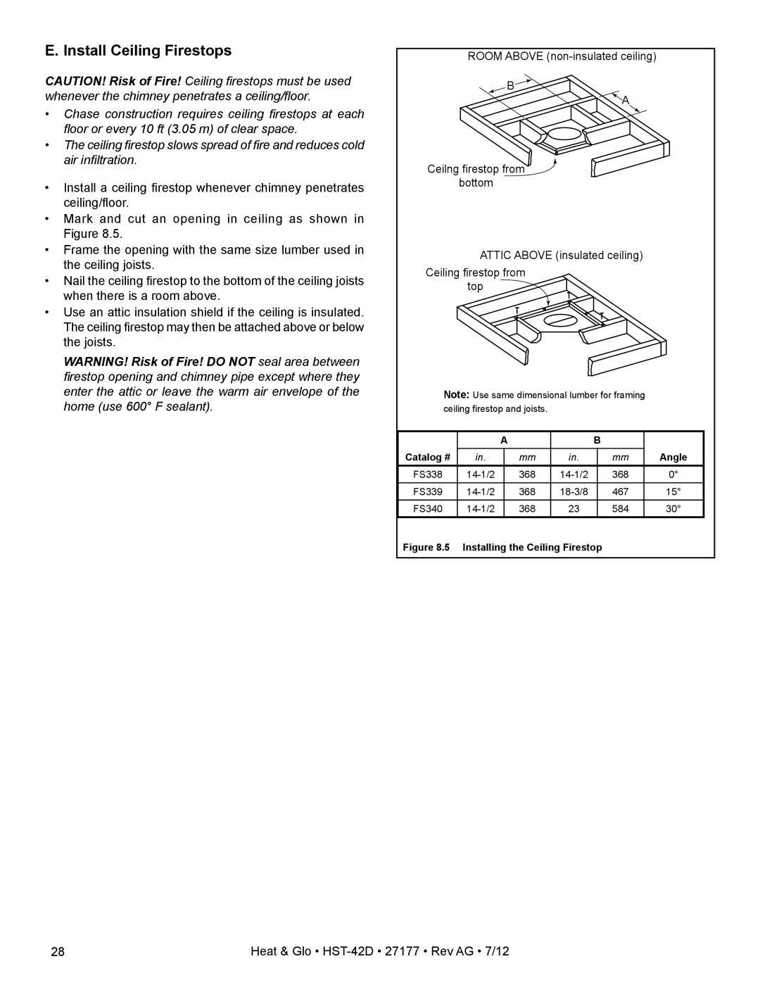 Heat & Glo LifeStyle HST-42D owner manual Install Ceiling Firestops, Installing the Ceiling Firestop 