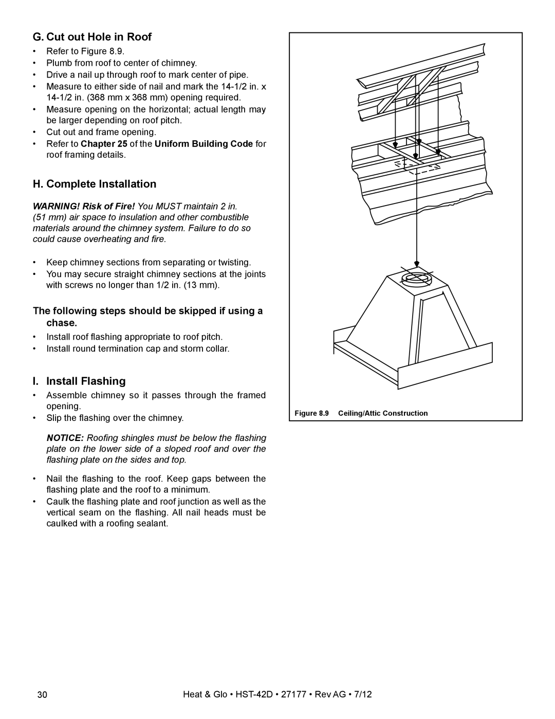 Heat & Glo LifeStyle HST-42D owner manual Cut out Hole in Roof, Complete Installation, Install Flashing 