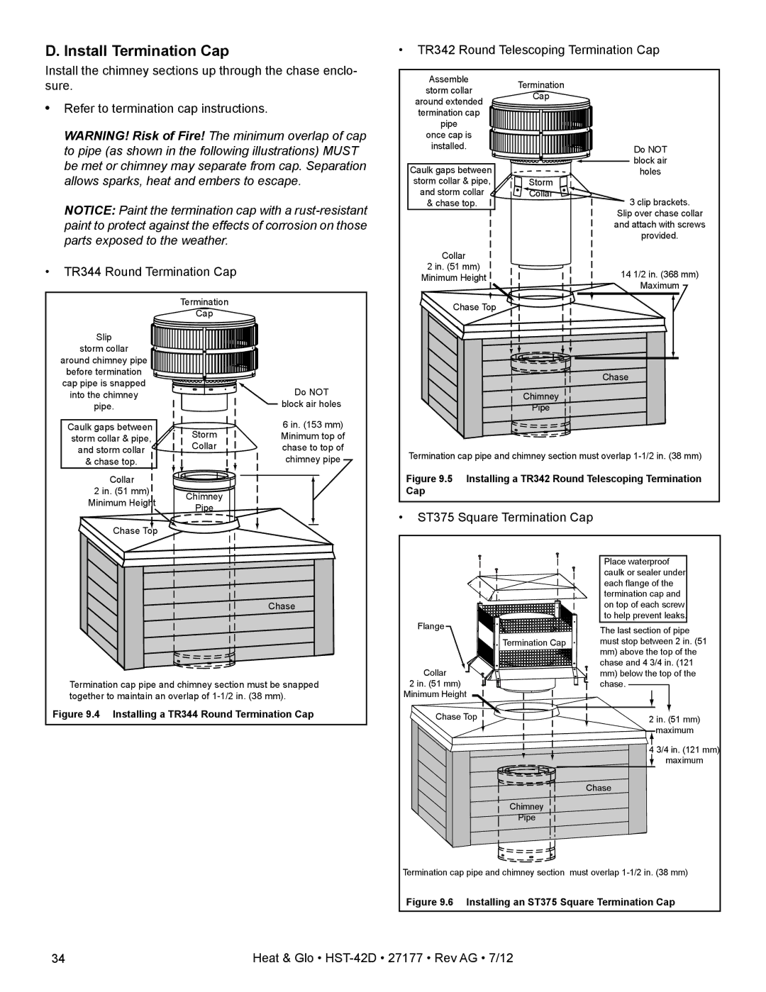 Heat & Glo LifeStyle HST-42D owner manual Install Termination Cap, ST375 Square Termination Cap 