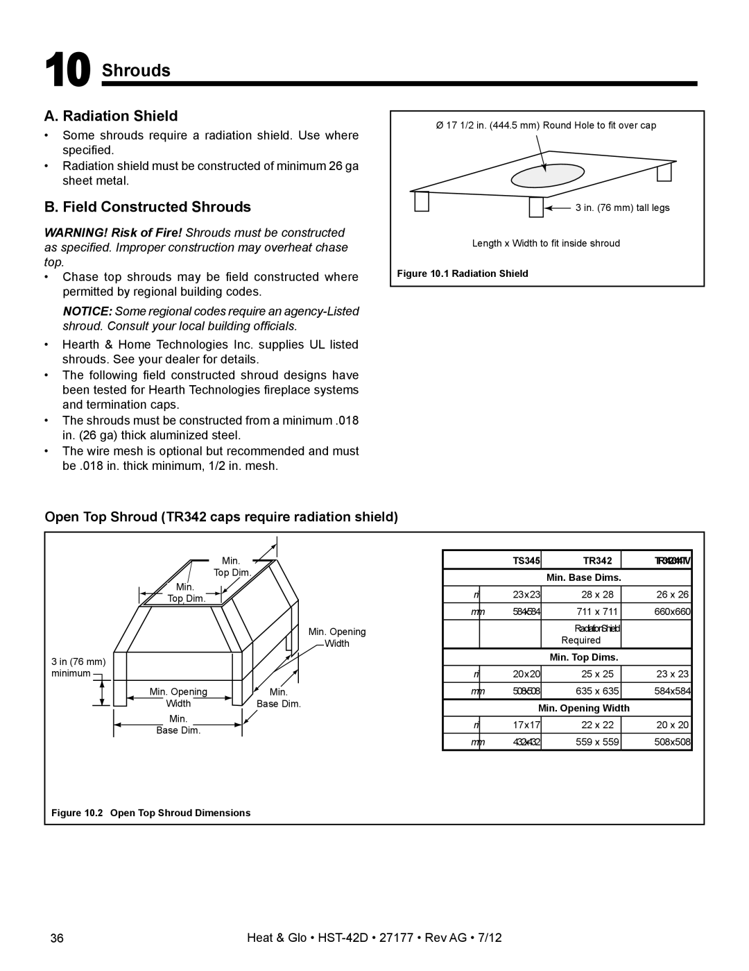 Heat & Glo LifeStyle HST-42D owner manual Radiation Shield, Field Constructed Shrouds 