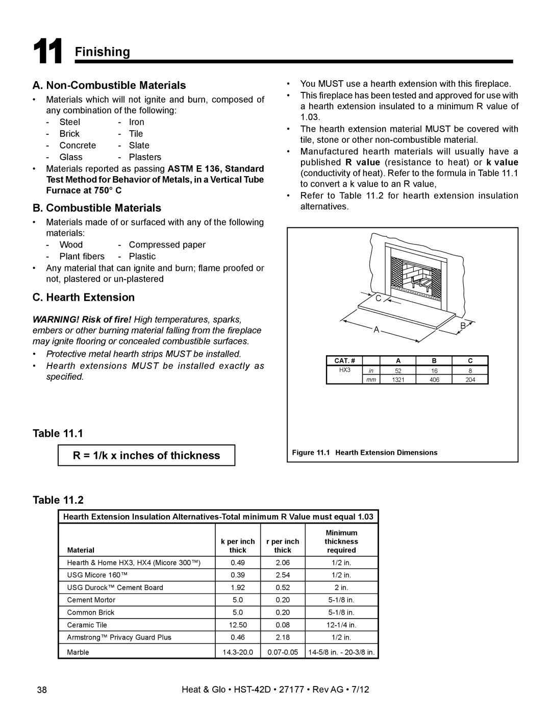 Heat & Glo LifeStyle HST-42D owner manual Finishing, Hearth Extension, = 1/k x inches of thickness 