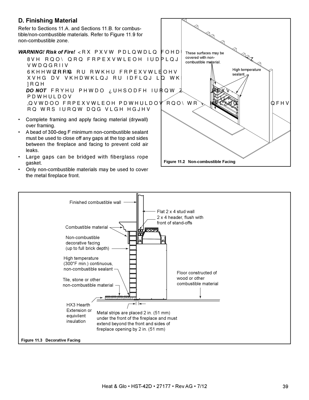 Heat & Glo LifeStyle HST-42D owner manual Finishing Material, Non-combustible Facing 