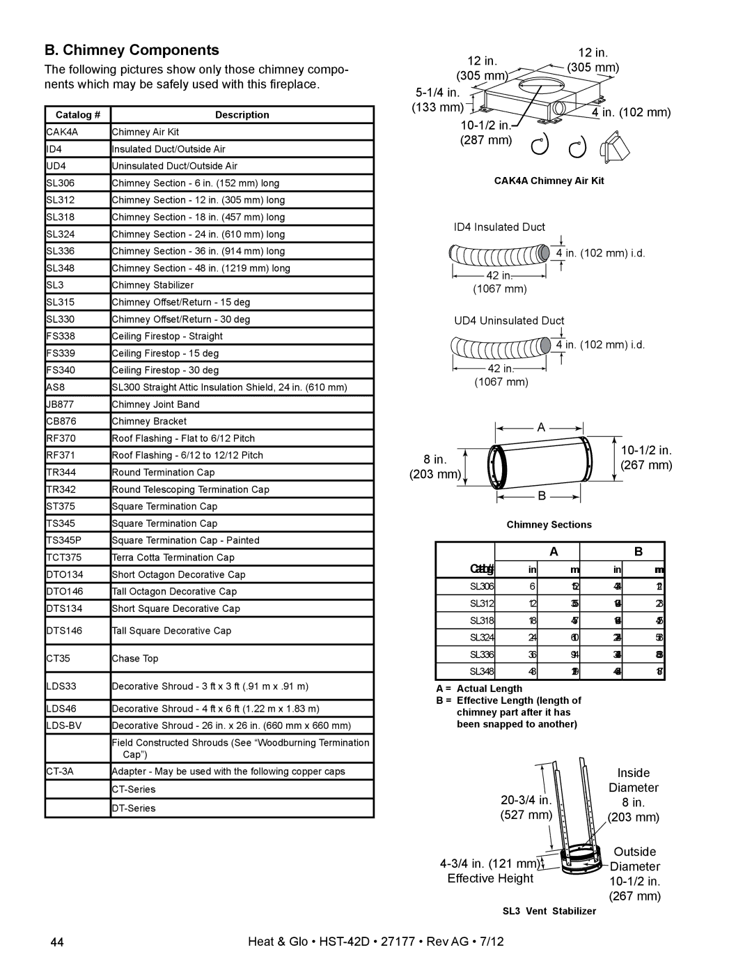 Heat & Glo LifeStyle HST-42D owner manual Chimney Components, Catalog# 