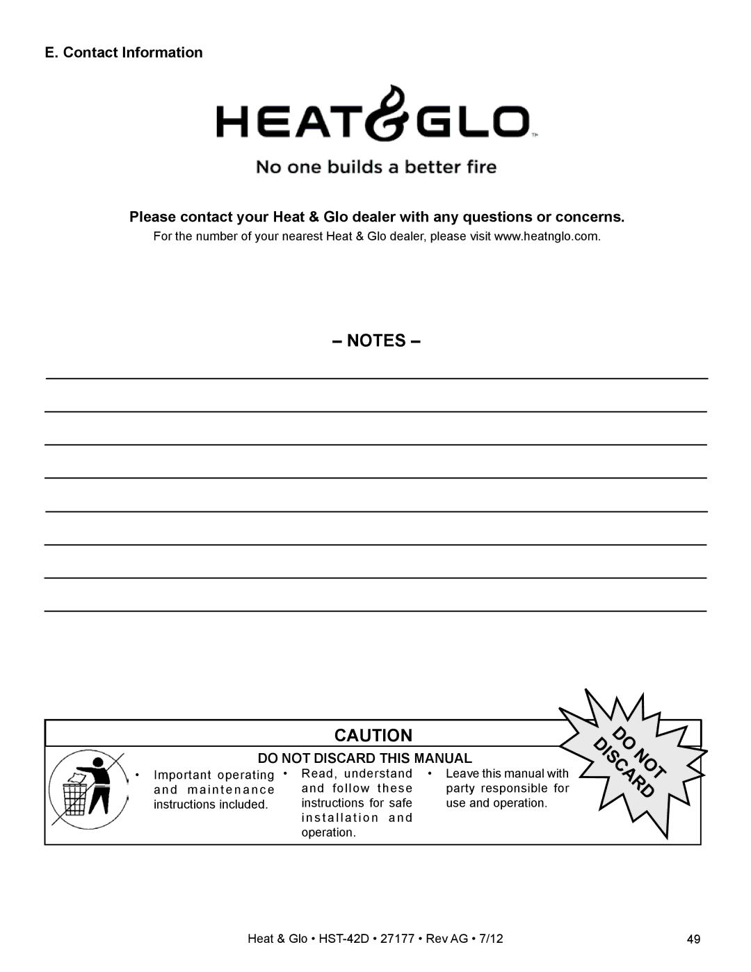 Heat & Glo LifeStyle HST-42D owner manual Do not Discard this Manual 