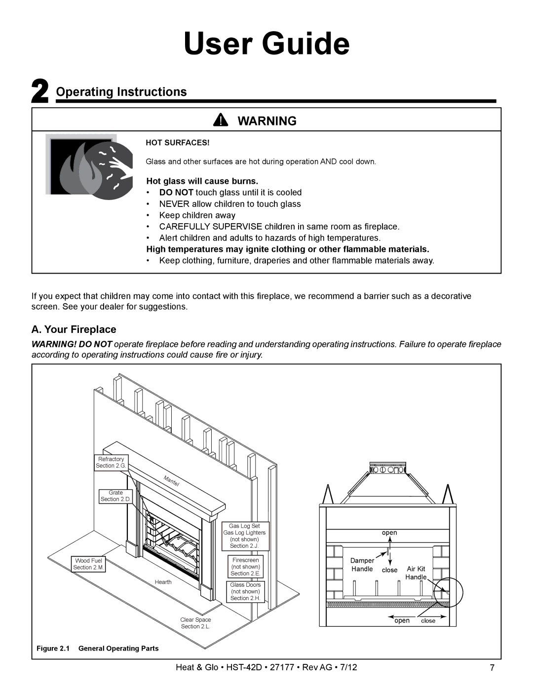 Heat & Glo LifeStyle HST-42D owner manual Operating Instructions, Your Fireplace, Hot glass will cause burns 