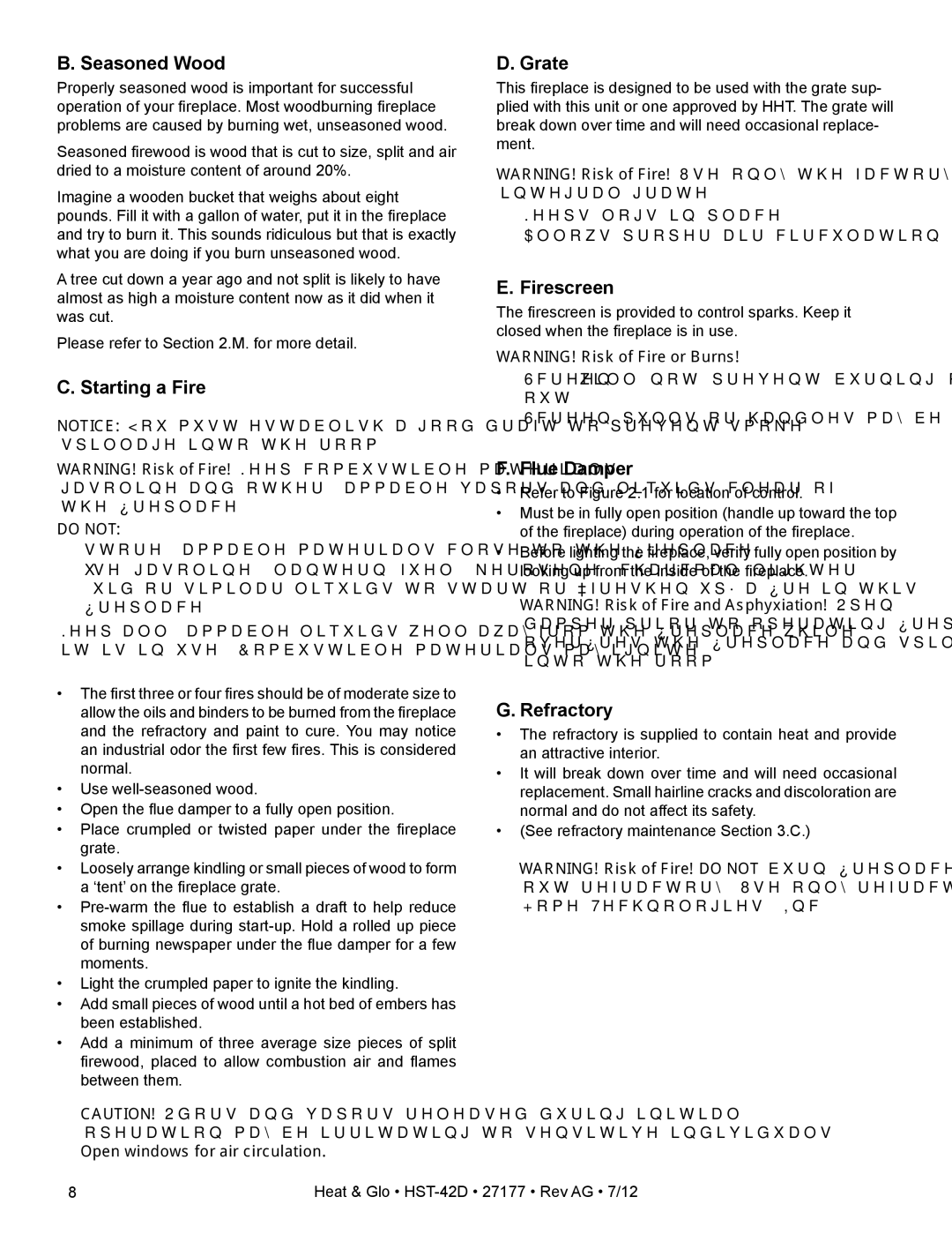 Heat & Glo LifeStyle HST-42D owner manual Seasoned Wood, Starting a Fire, Grate, Firescreen, Flue Damper, Refractory 