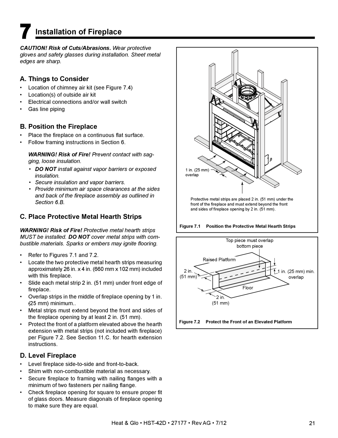 Heat & Glo LifeStyle HST-42D owner manual 7Installation of Fireplace, A. Things to Consider, B. Position the Fireplace 