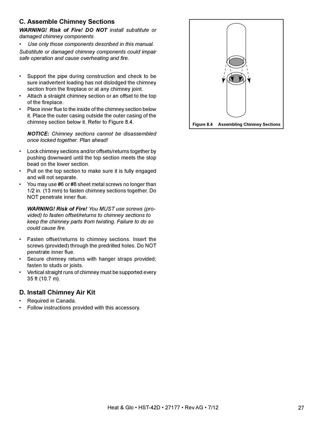 Heat & Glo LifeStyle HST-42D owner manual C. Assemble Chimney Sections, D. Install Chimney Air Kit 