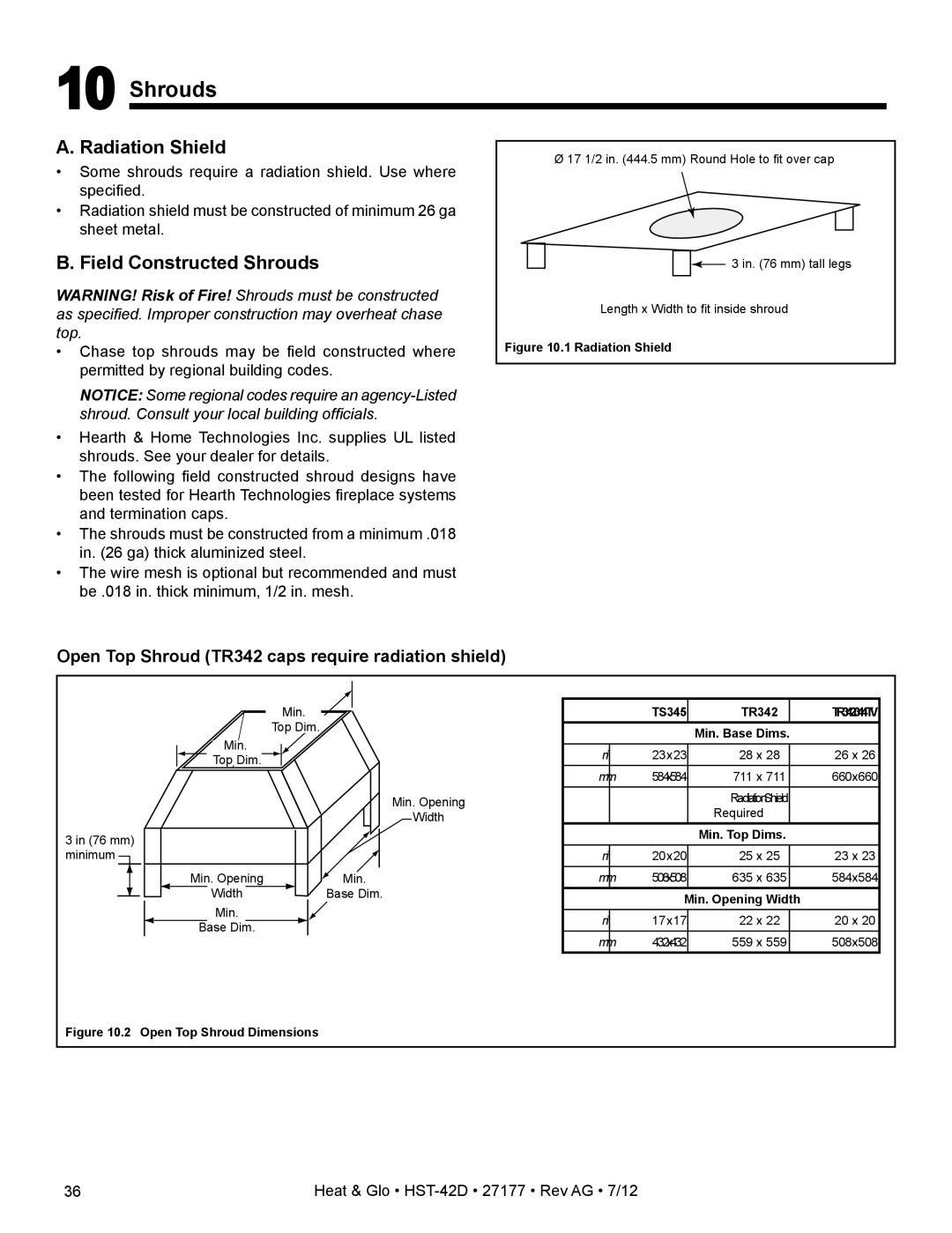 Heat & Glo LifeStyle HST-42D owner manual A. Radiation Shield, B. Field Constructed Shrouds 