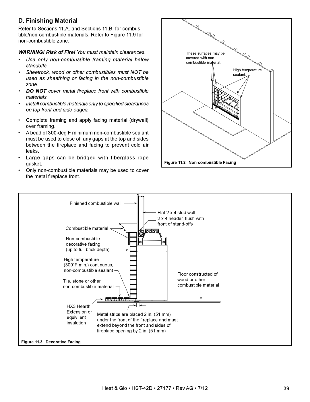 Heat & Glo LifeStyle HST-42D owner manual D. Finishing Material 