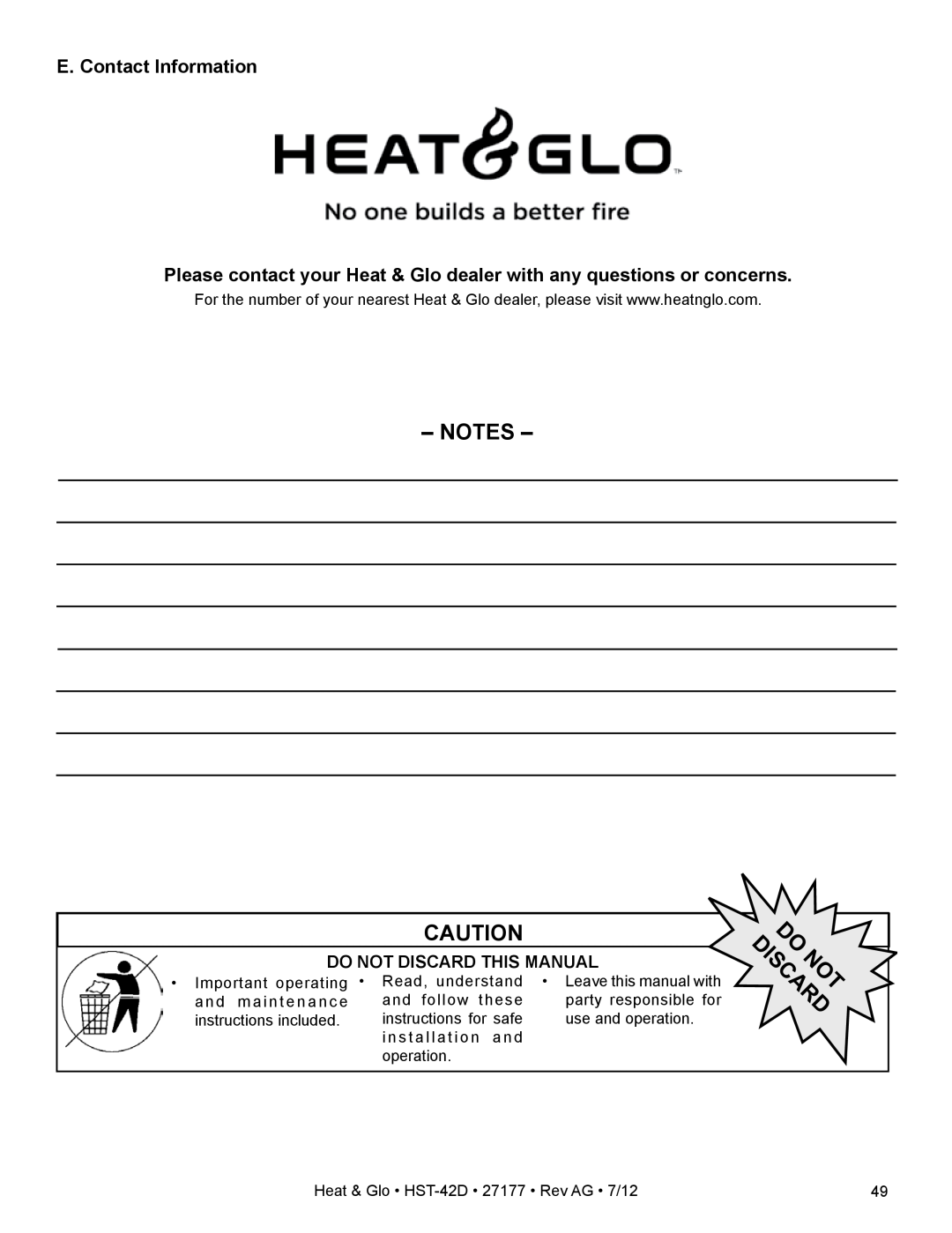 Heat & Glo LifeStyle HST-42D owner manual E. Contact Information, Do Not Discard This Manual, Do Discardnot 