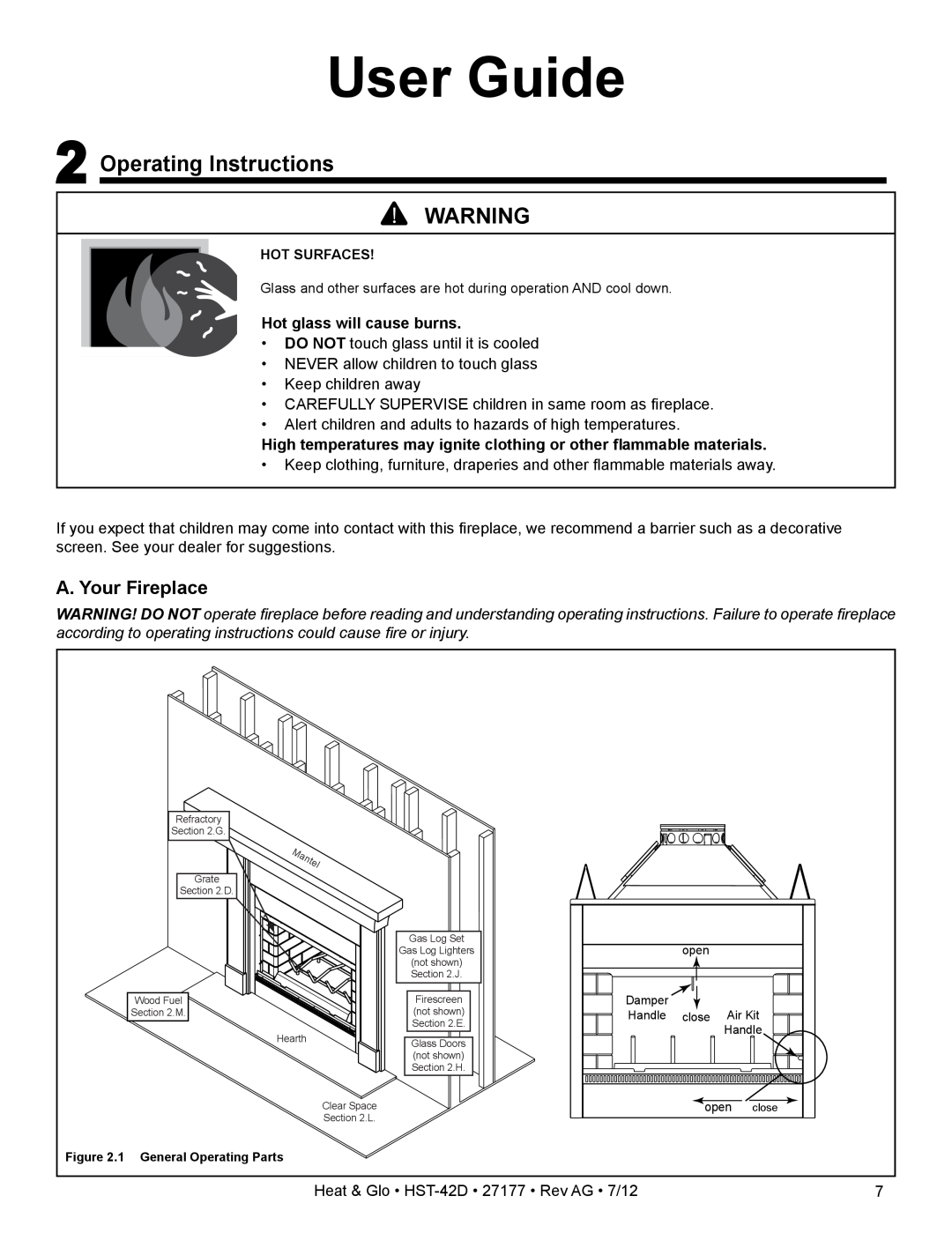 Heat & Glo LifeStyle HST-42D User Guide, 2Operating Instructions, A. Your Fireplace, Hot glass will cause burns 