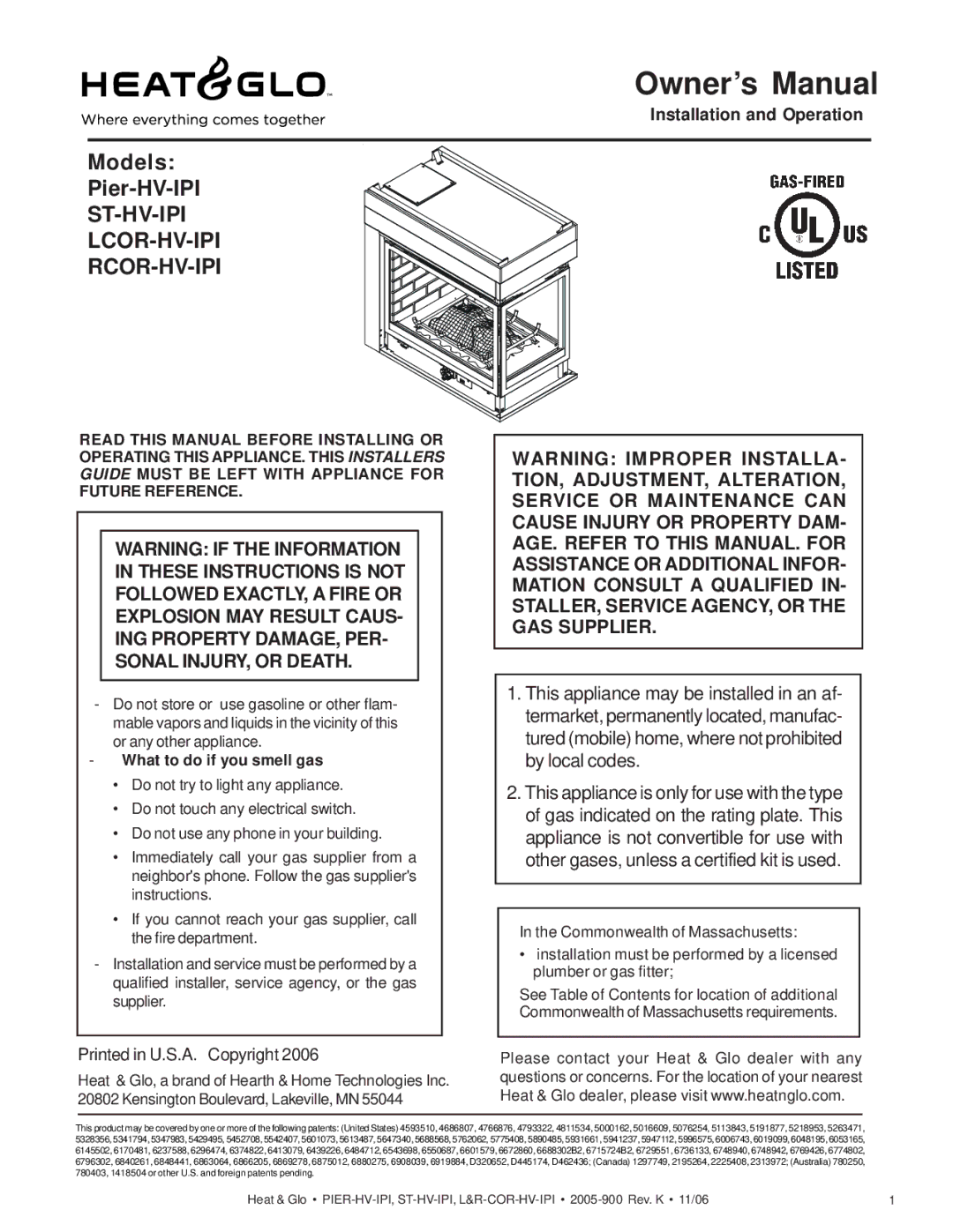 Heat & Glo LifeStyle ST-HV-IPI, LCOR-HV-IPI owner manual St-Hv-Ipi Lcor-Hv-Ipi Rcor-Hv-Ipi, What to do if you smell gas 