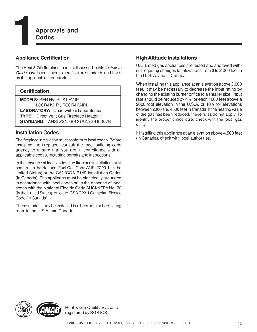 Heat & Glo LifeStyle ST-HV-IPI, LCOR-HV-IPI Appliance Certification, Installation Codes, High Altitude Installations 