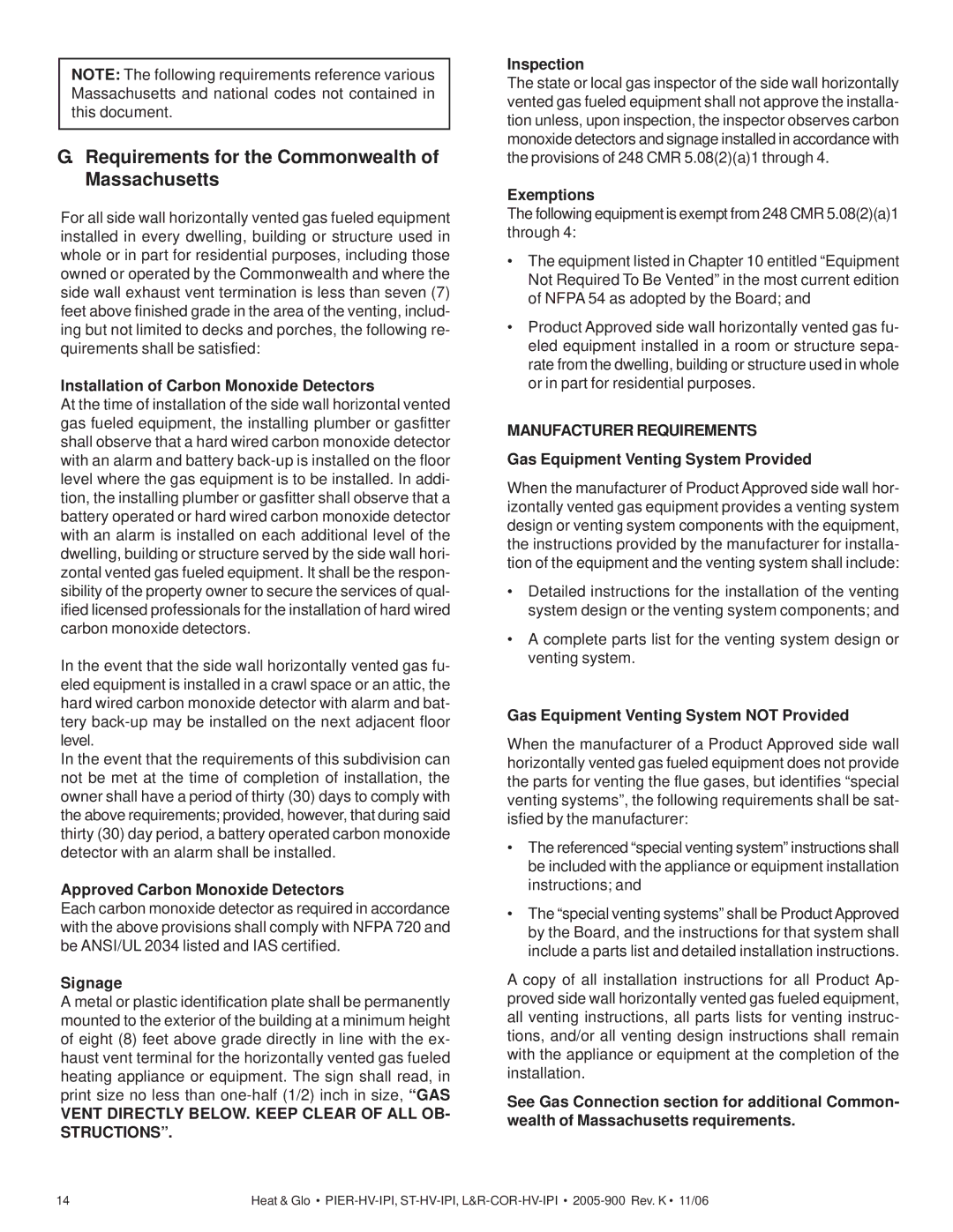 Heat & Glo LifeStyle RCOR-HV-IPI, ST-HV-IPI Requirements for the Commonwealth of Massachusetts, Manufacturer Requirements 