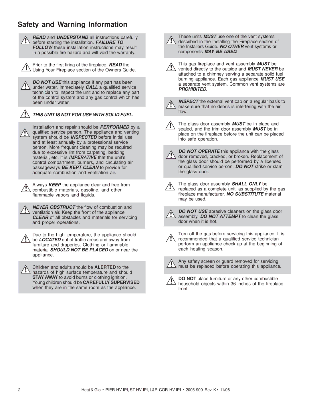 Heat & Glo LifeStyle RCOR-HV-IPI, LCOR-HV-IPI, ST-HV-IPI, PIER-HV-IPI owner manual Safety and Warning Information 