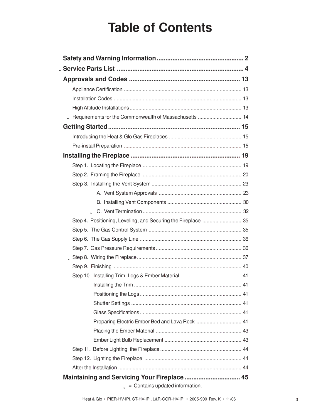 Heat & Glo LifeStyle PIER-HV-IPI, LCOR-HV-IPI, ST-HV-IPI, RCOR-HV-IPI owner manual Table of Contents 