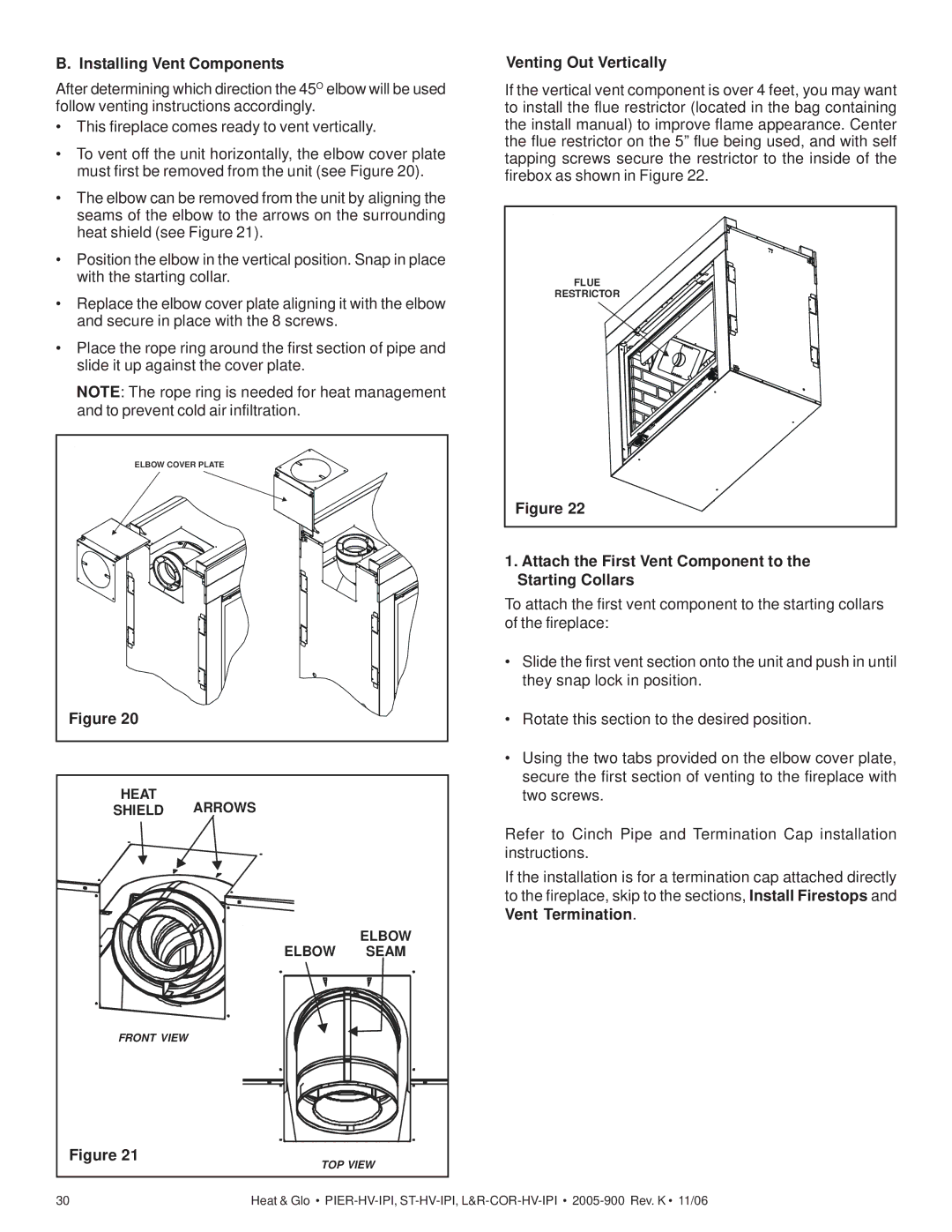 Heat & Glo LifeStyle RCOR-HV-IPI, LCOR-HV-IPI Installing Vent Components, Venting Out Vertically, Vent Termination 