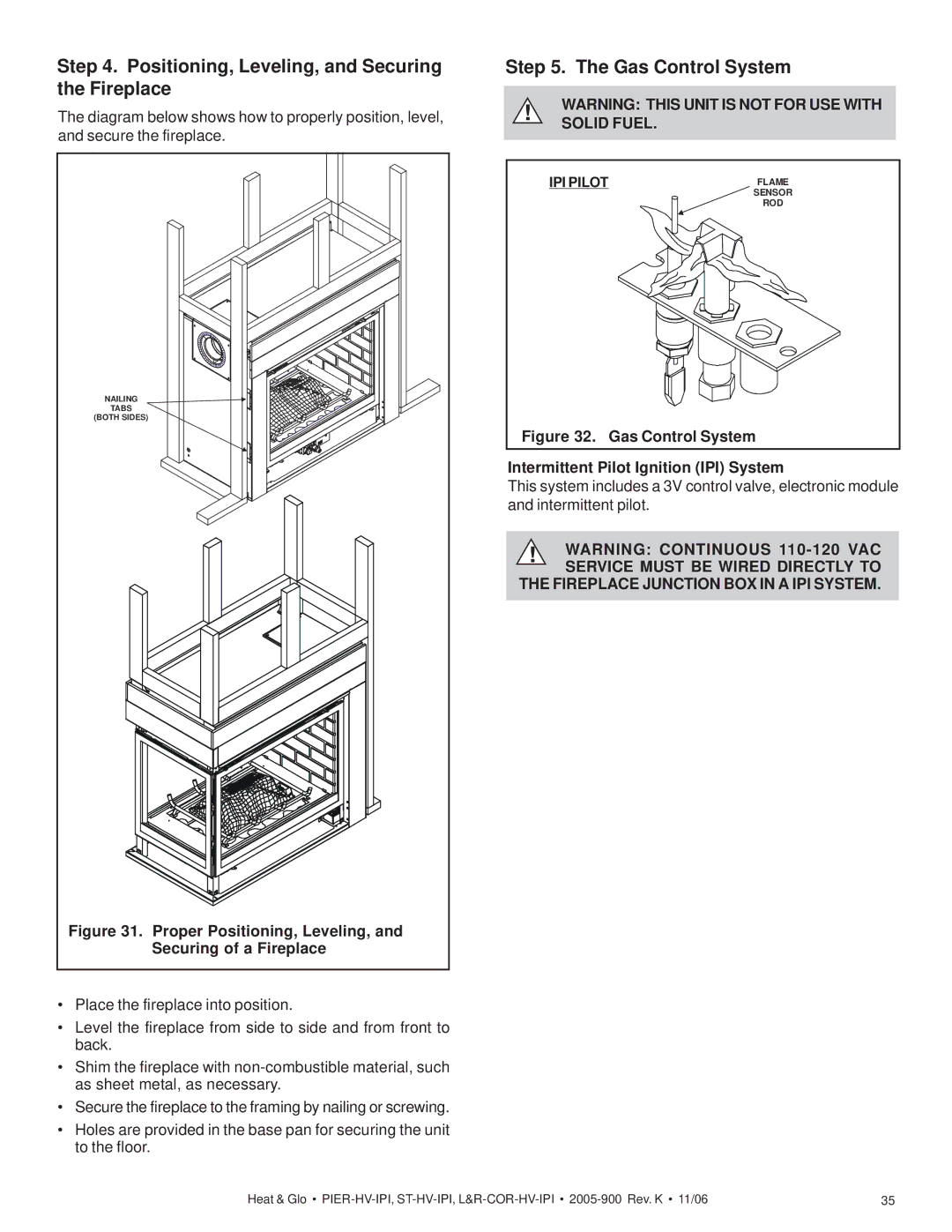 Heat & Glo LifeStyle PIER-HV-IPI, LCOR-HV-IPI Positioning, Leveling, and Securing the Fireplace, Gas Control System 