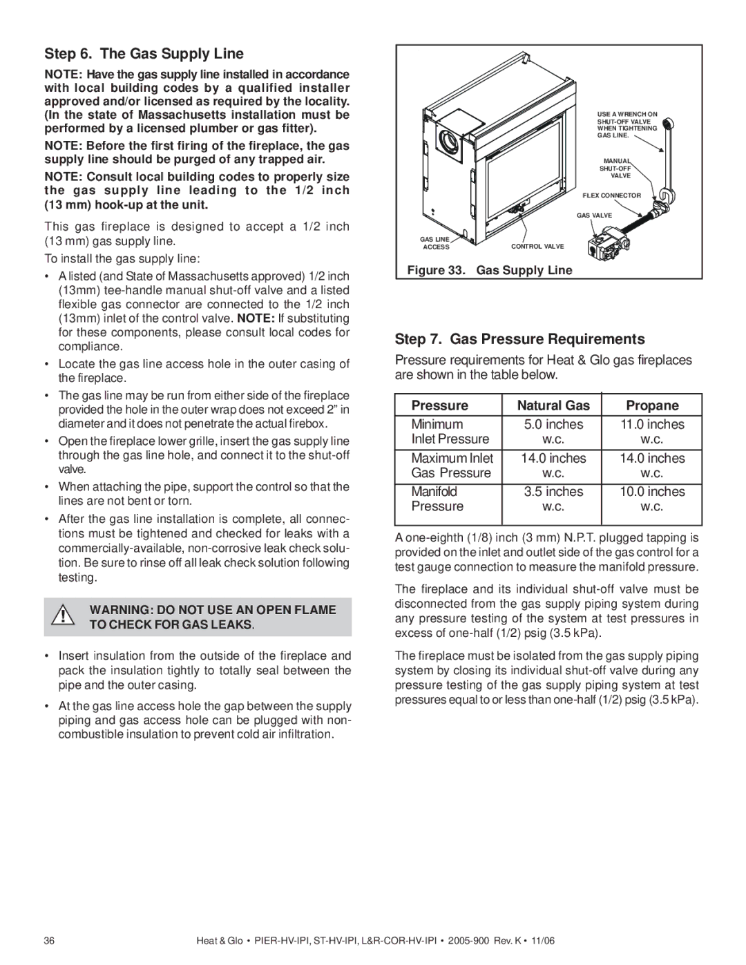 Heat & Glo LifeStyle LCOR-HV-IPI, ST-HV-IPI, RCOR-HV-IPI, PIER-HV-IPI owner manual Gas Supply Line, Gas Pressure Requirements 