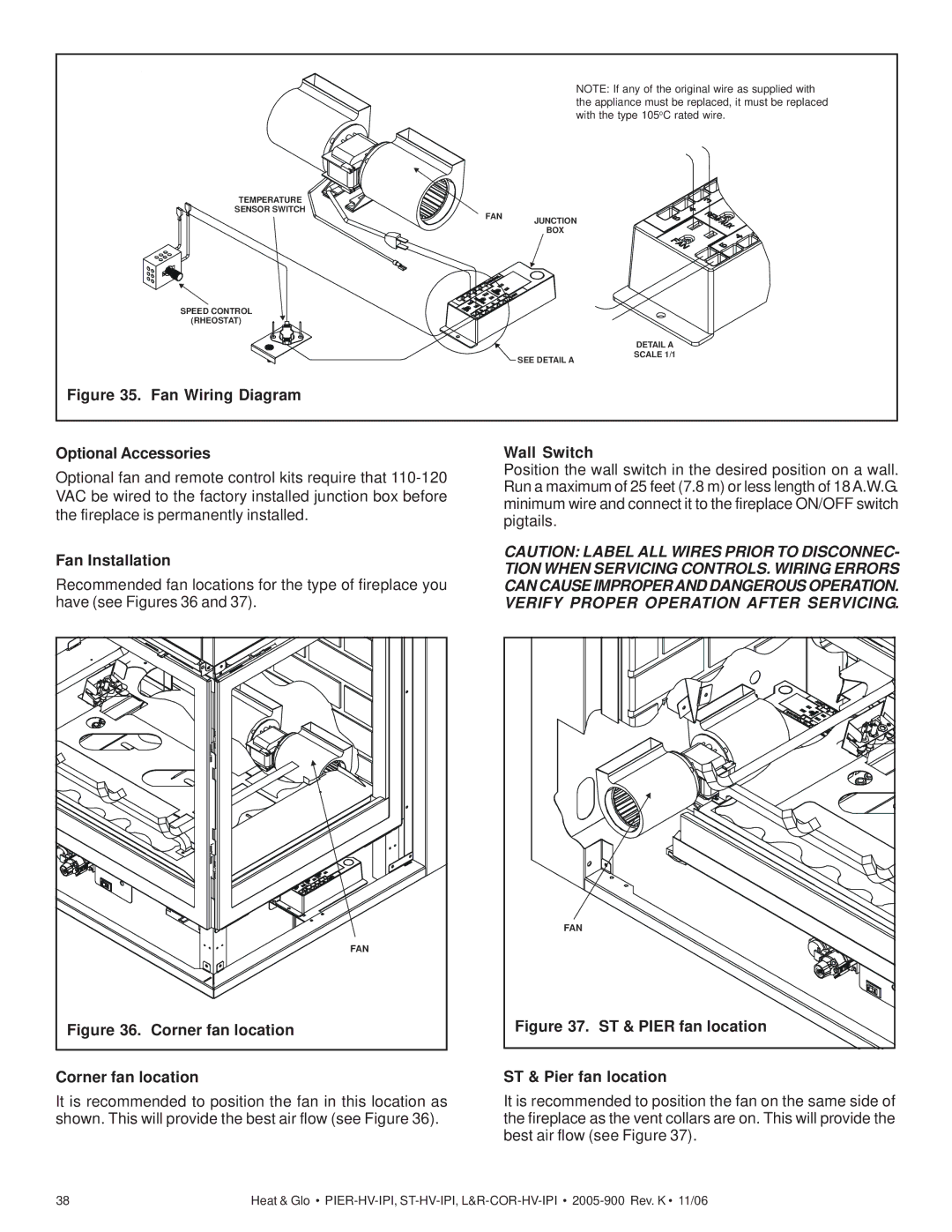 Heat & Glo LifeStyle RCOR-HV-IPI, LCOR-HV-IPI, ST-HV-IPI, PIER-HV-IPI Optional Accessories, Fan Installation, Wall Switch 