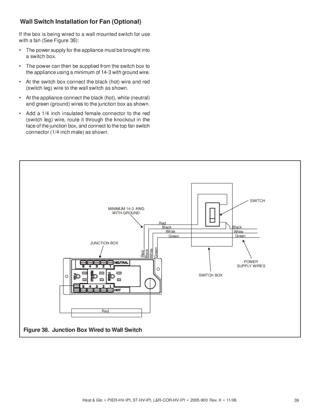 Heat & Glo LifeStyle PIER-HV-IPI, LCOR-HV-IPI Wall Switch Installation for Fan Optional, Junction Box Wired to Wall Switch 