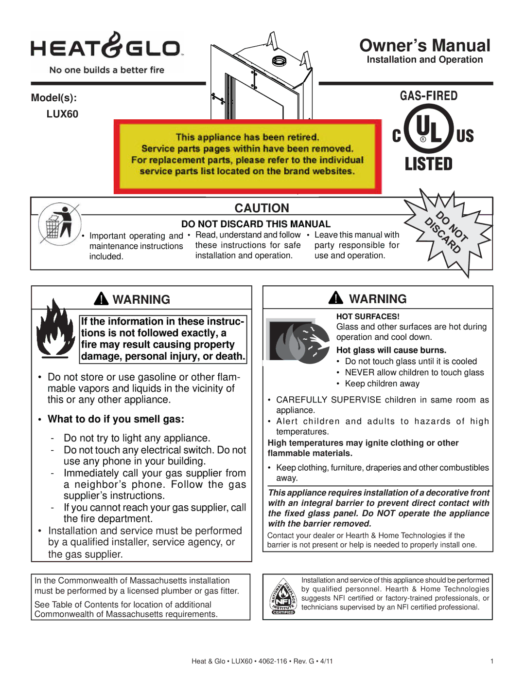 Heat & Glo LifeStyle LUX60 owner manual Models, Installation and Operation 