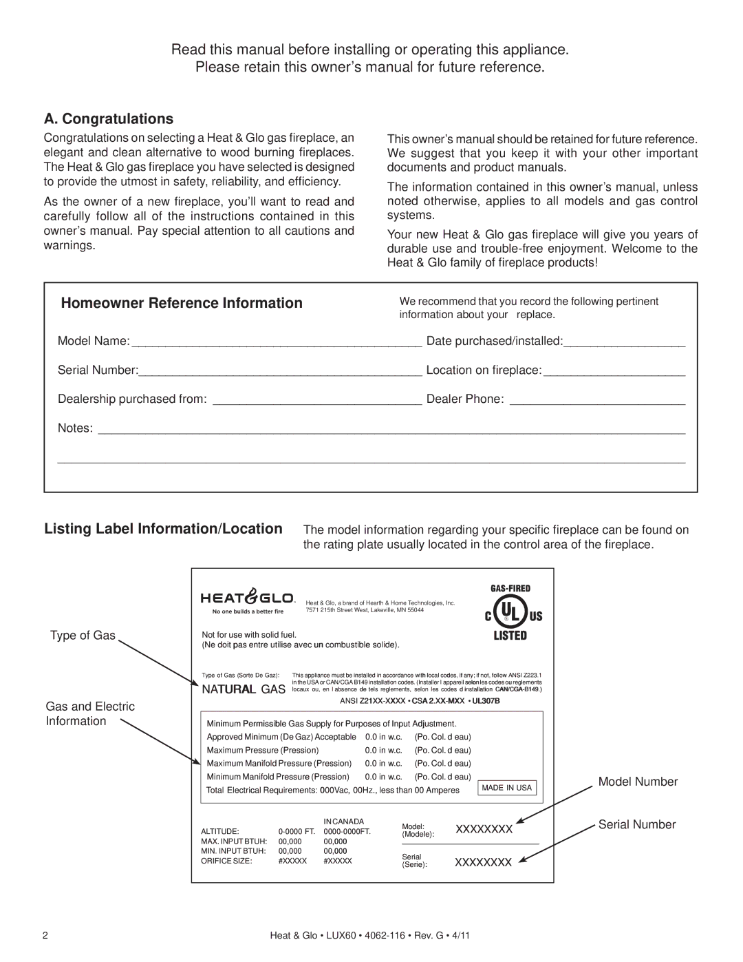 Heat & Glo LifeStyle LUX60 owner manual Congratulations, Homeowner Reference Information 